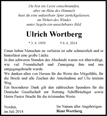 Traueranzeige von Ulrich Wortberg von Ostfriesischer Kurier