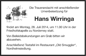 Traueranzeige von Hans Wirringa von Ostfriesischer Kurier