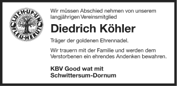 Traueranzeige von Diedrich Köhler von Ostfriesischer Kurier
