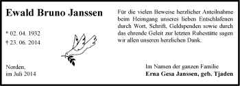 Traueranzeige von Ewald Bruno Janssen von Ostfriesischer Kurier