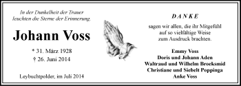 Traueranzeige von Johann Voss von Ostfriesischer Kurier