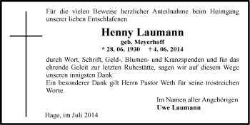 Traueranzeige von Henny Laumann von Ostfriesischer Kurier