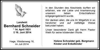 Traueranzeige von Bernhard Schneider von Ostfriesischer Kurier