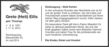 Traueranzeige von Grete Eilts von Ostfriesischer Kurier