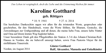 Traueranzeige von Karoline Gotthard von Ostfriesischer Kurier