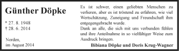 Traueranzeige von Günther Döpke von Ostfriesischer Kurier