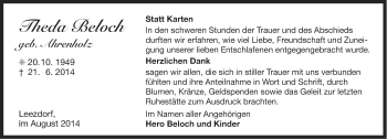 Traueranzeige von Theda Beloch von Ostfriesischer Kurier