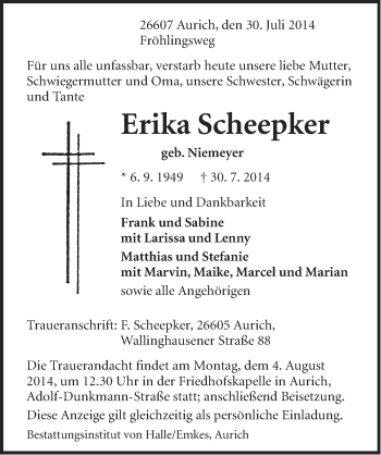 Traueranzeige von Erika Scheepker von Ostfriesischer Kurier