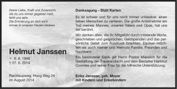 Traueranzeige von Helmut Janssen von Ostfriesischer Kurier