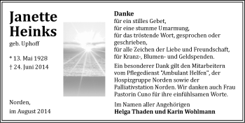 Traueranzeige von Janette Heinks von Ostfriesischer Kurier