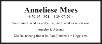 Traueranzeige von Anneliese Mees von Ostfriesischer Kurier