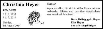Traueranzeige von Christina Heyer von Ostfriesischer Kurier