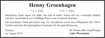Traueranzeige von Henny Groenhagen von Ostfriesischer Kurier