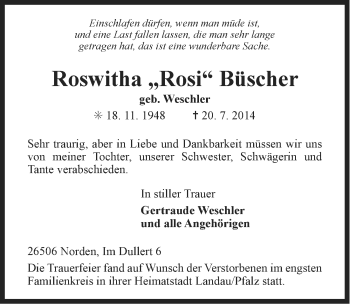 Traueranzeige von Roswitha Büscher von Ostfriesischer Kurier