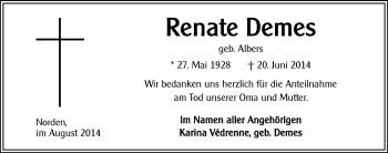 Traueranzeige von Renate Demes von Ostfriesischer Kurier