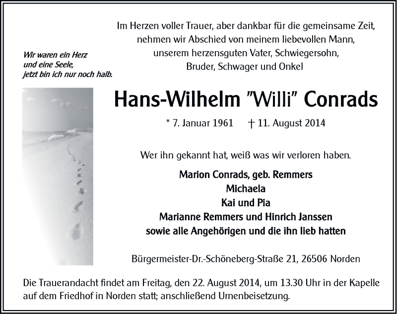  Traueranzeige für Hans-Wilhelm Conrads vom 16.08.2014 aus Ostfriesischer Kurier