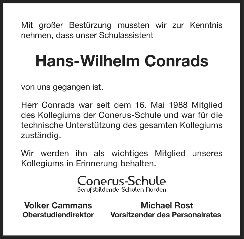  Traueranzeige für Hans-Wilhelm Conrads vom 16.08.2014 aus Ostfriesischer Kurier