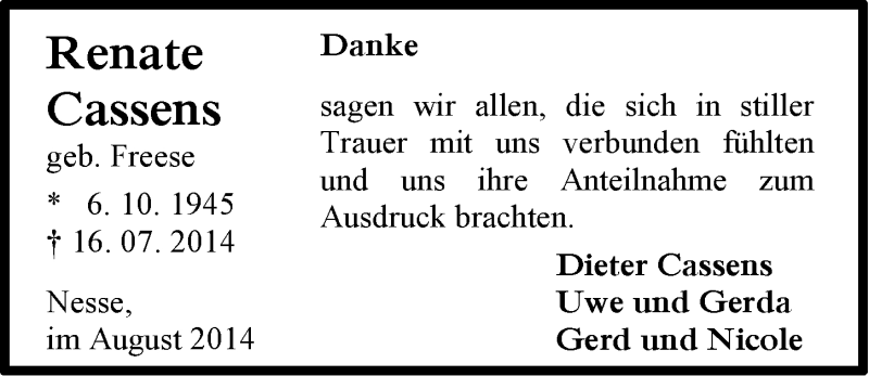  Traueranzeige für Renate Cassens vom 20.08.2014 aus Ostfriesischer Kurier