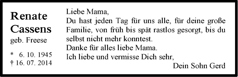  Traueranzeige für Renate Cassens vom 20.08.2014 aus Ostfriesischer Kurier