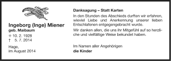 Traueranzeige von Ingeborg Miener von Ostfriesischer Kurier