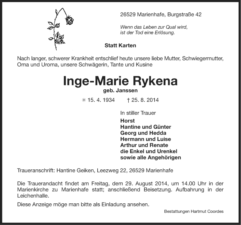  Traueranzeige für Inge-Marie Rykena vom 27.08.2014 aus Ostfriesischer Kurier