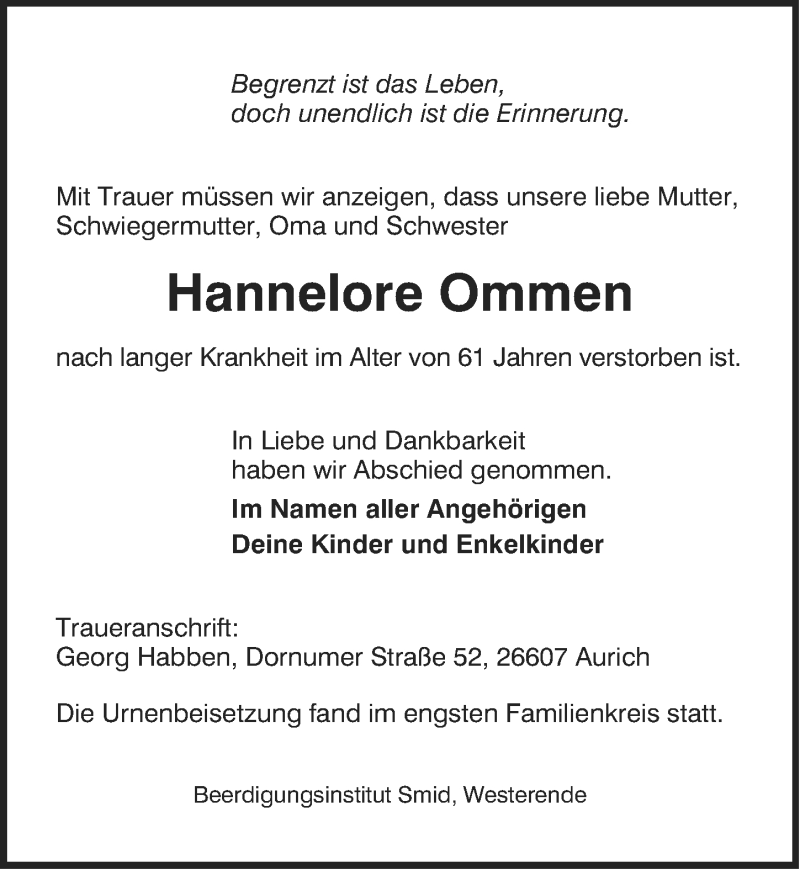 Traueranzeige für Hannelore Ommen vom 30.08.2014 aus Ostfriesischer Kurier