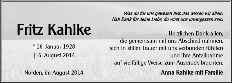  Traueranzeige für Fritz Kahlke vom 30.08.2014 aus Ostfriesischer Kurier