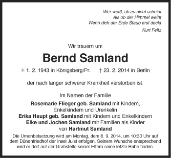 Traueranzeige von Bernd Samland von Ostfriesischer Kurier