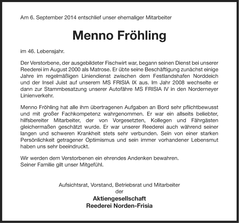  Traueranzeige für Menno Fröhling vom 09.09.2014 aus Ostfriesischer Kurier