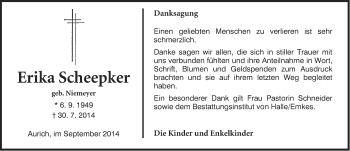 Traueranzeige von Erika Scheepker von Ostfriesischer Kurier
