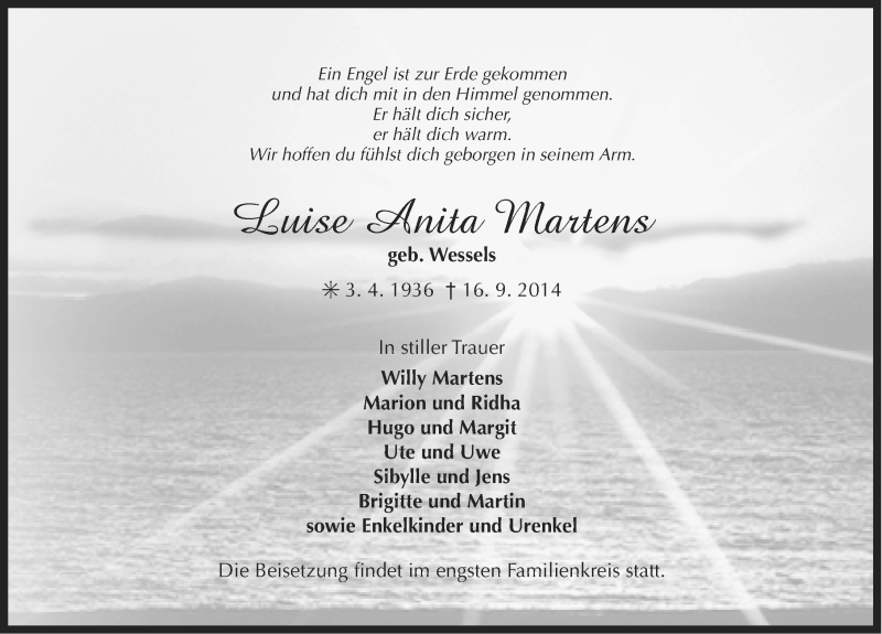  Traueranzeige für Luise Anita Martens vom 18.09.2014 aus Ostfriesischer Kurier