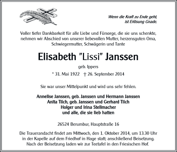 Traueranzeige von Elisabeth Janssen von Ostfriesischer Kurier