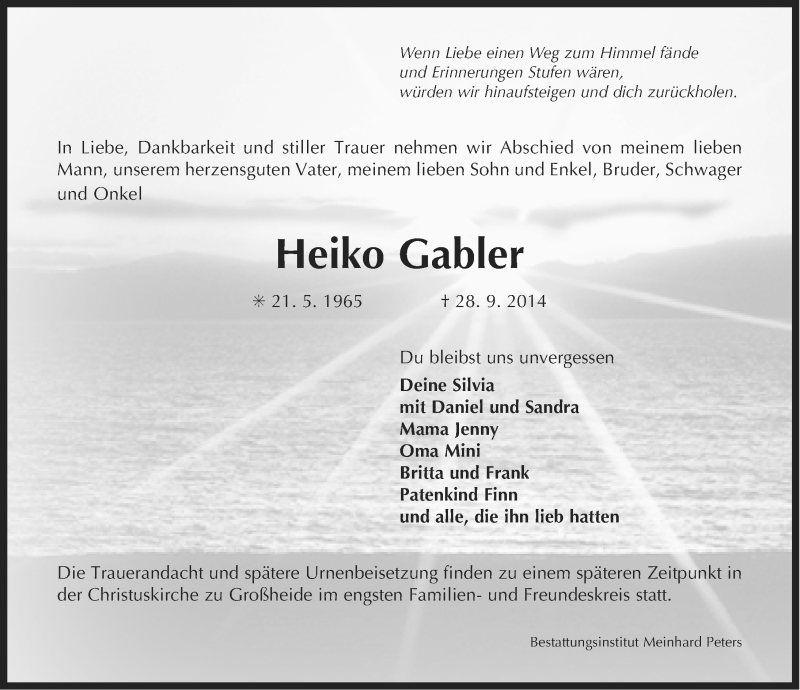  Traueranzeige für Heiko Gabler vom 30.09.2014 aus Ostfriesischer Kurier