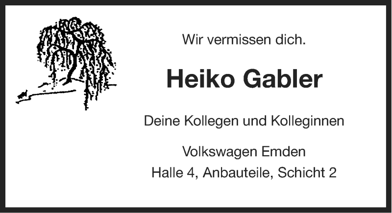  Traueranzeige für Heiko Gabler vom 02.10.2014 aus Ostfriesischer Kurier