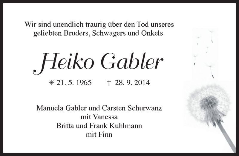  Traueranzeige für Heiko Gabler vom 02.10.2014 aus Ostfriesischer Kurier