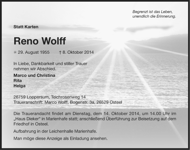  Traueranzeige für Reno Wolff vom 10.10.2014 aus Ostfriesischer Kurier