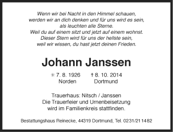 Traueranzeige von Johann Janssen von Ostfriesischer Kurier