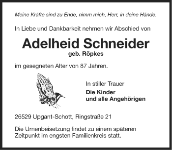 Traueranzeige von Adelheid Schneider von Ostfriesischer Kurier