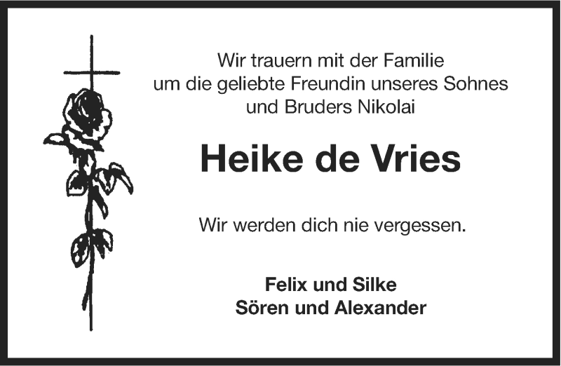  Traueranzeige für Heike de Vries vom 22.10.2014 aus Ostfriesischer Kurier