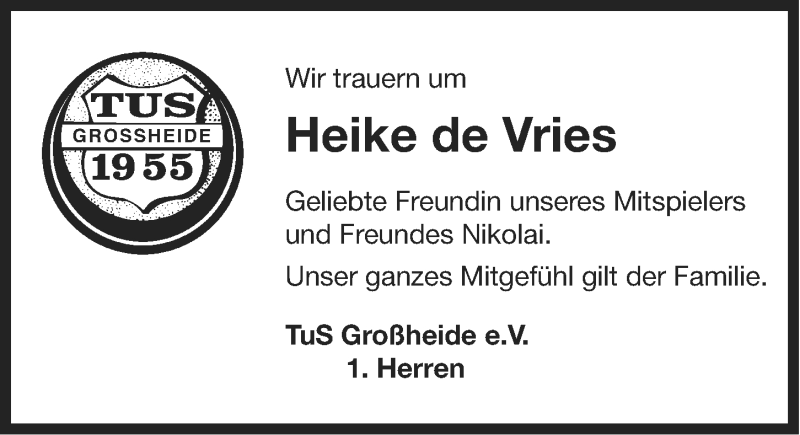  Traueranzeige für Heike de Vries vom 23.10.2014 aus Ostfriesischer Kurier