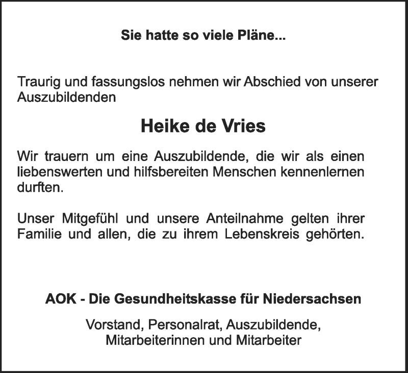  Traueranzeige für Heike de Vries vom 23.10.2014 aus Ostfriesischer Kurier