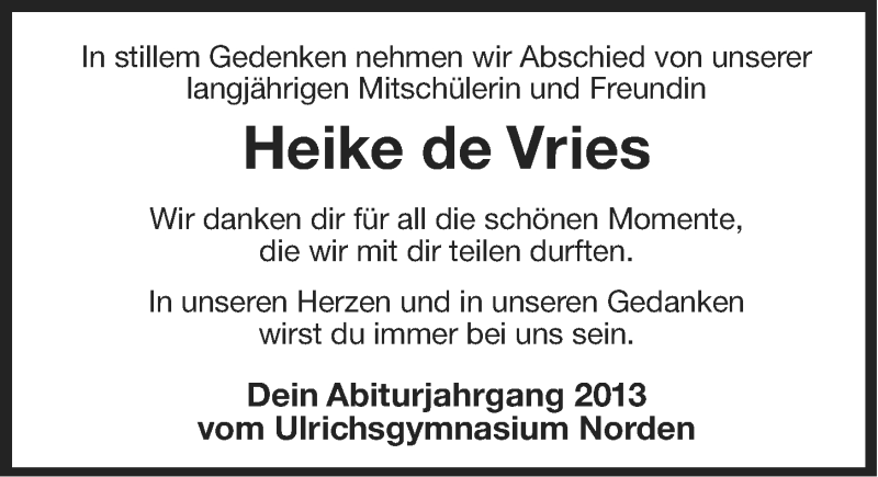  Traueranzeige für Heike de Vries vom 24.10.2014 aus Ostfriesischer Kurier