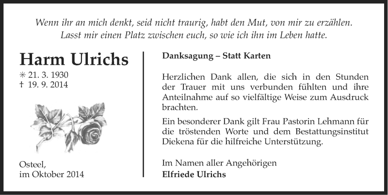  Traueranzeige für Harm Ulrichs vom 24.10.2014 aus Ostfriesischer Kurier