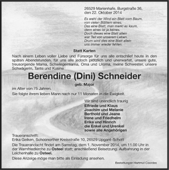 Traueranzeige von Berendine Schneider von Ostfriesischer Kurier