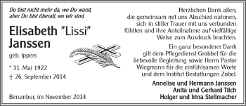 Traueranzeige von Elisabeth Janssen von Ostfriesischer Kurier