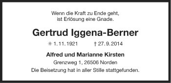 Traueranzeige von Gertrud lggena-Berner von Ostfriesischer Kurier