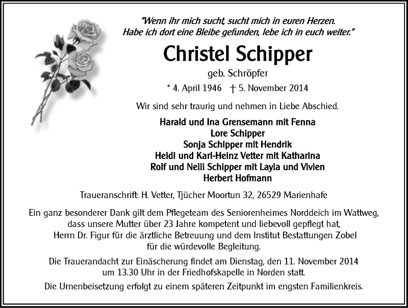  Traueranzeige für Christel Schipper vom 07.11.2014 aus Ostfriesischer Kurier