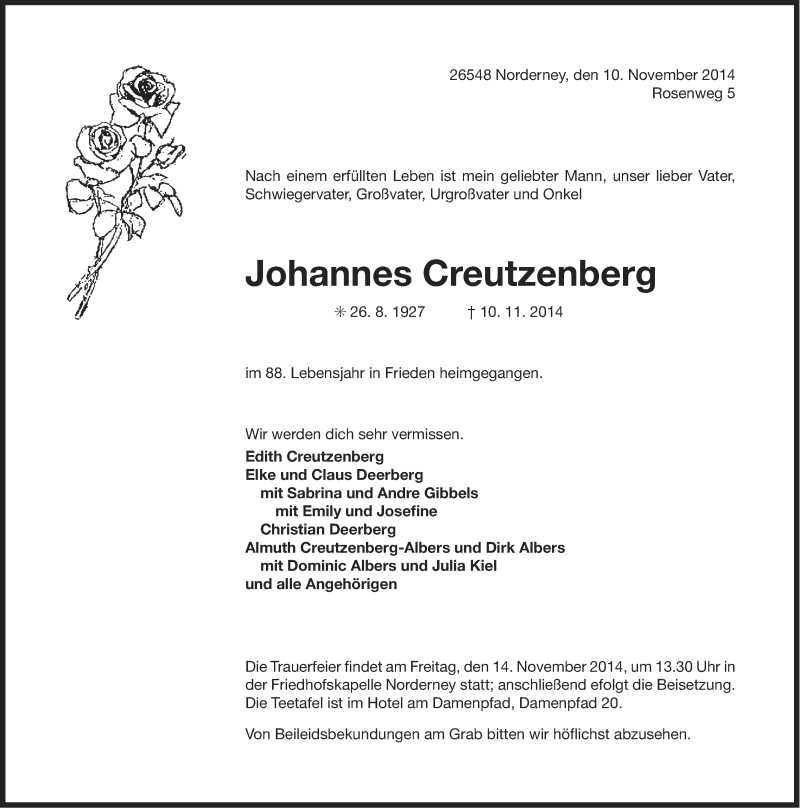  Traueranzeige für Johannes Creutzenberg vom 12.11.2014 aus Ostfriesischer Kurier