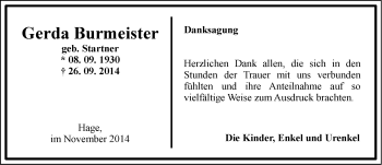 Traueranzeige von Gerda Burmeister von Ostfriesischer Kurier