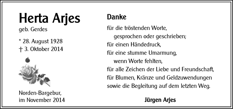 Traueranzeigen von Herta Arjes | OK-Trauer.de